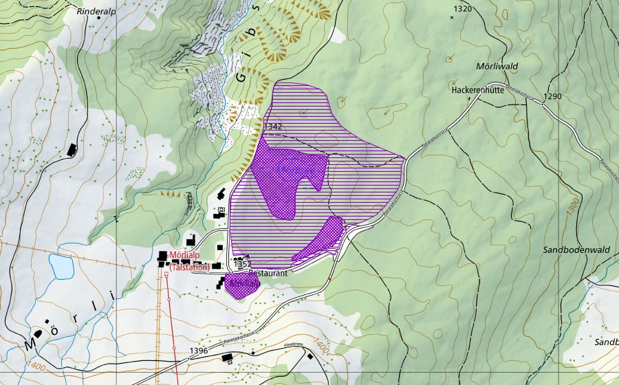 swisstopo national map showing the protected perimeter of Mörlisee (Amphibian spawning site)