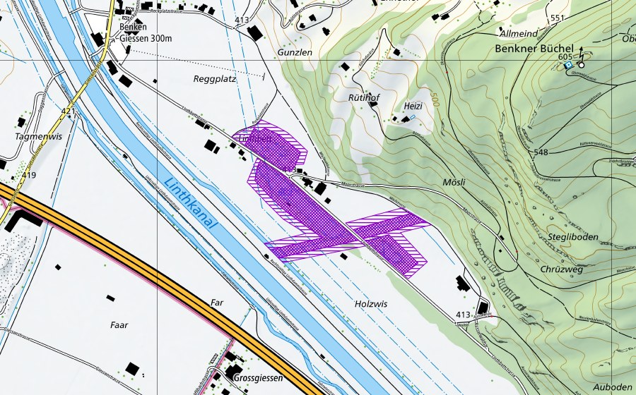 swisstopo national map showing the protected perimeter of Mösli (Amphibian spawning site)