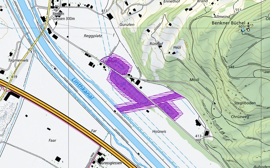 swisstopo national map showing the protected perimeter of Mösli (Amphibian spawning site)