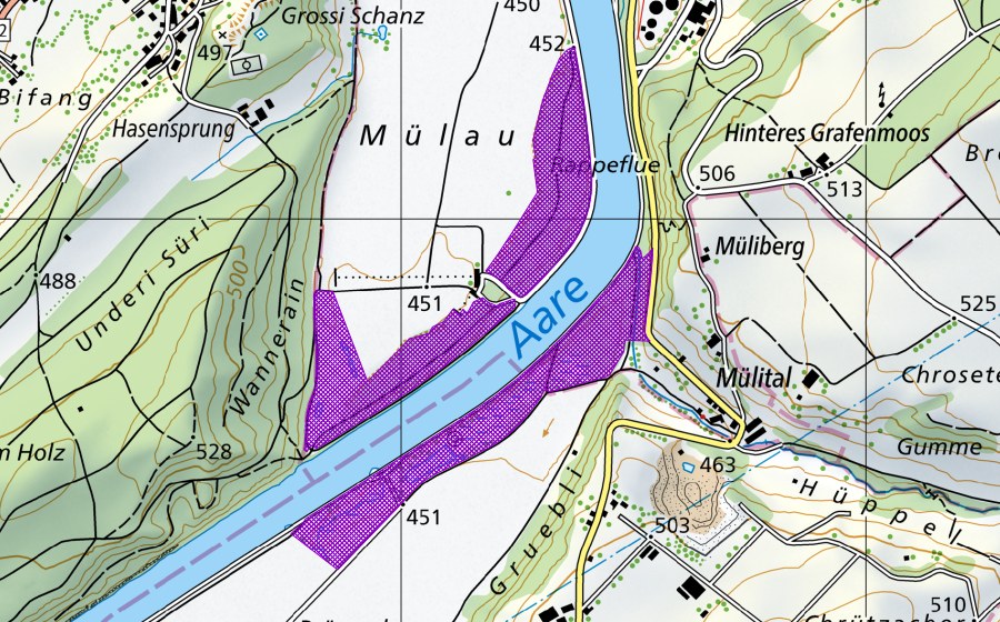 swisstopo national map showing the protected perimeter of Mülau - Radelfingenau (Amphibian spawning site)
