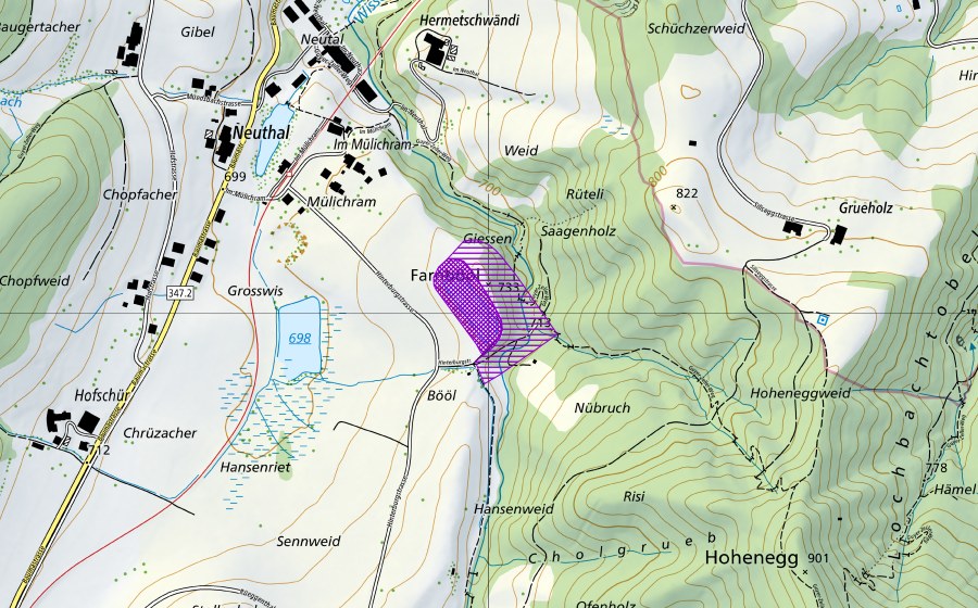 swisstopo national map showing the protected perimeter of Mülichrammweiher (Amphibian spawning site)