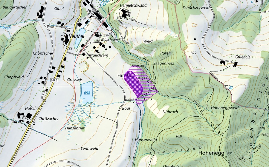Carte nationale swisstopo avec le périmètre protégé de Mülichrammweiher (Site de reproduction de batraciens)