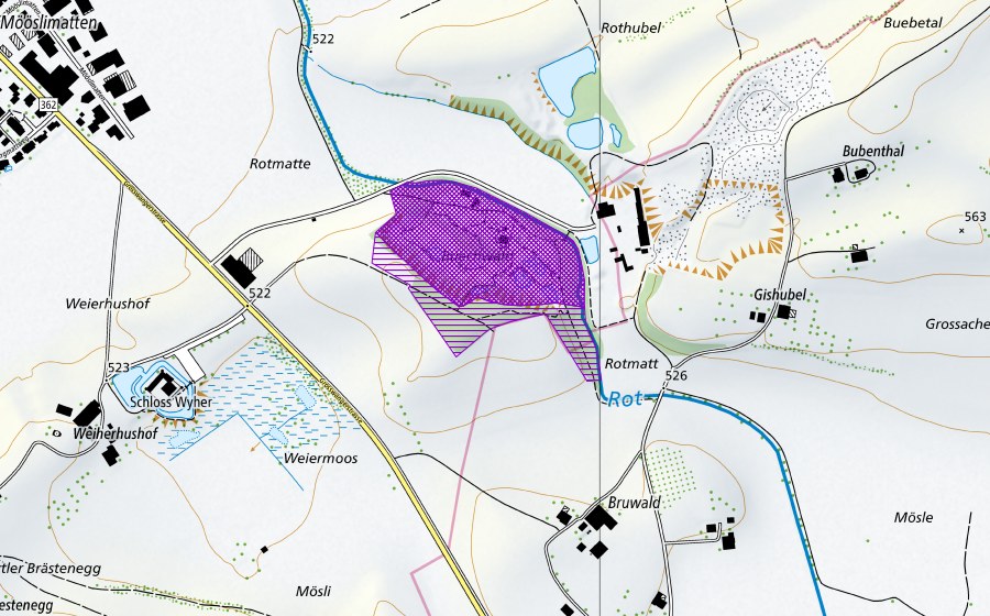 Carte nationale swisstopo avec le périmètre protégé de Naturlehrgebiet Buechwald (Site de reproduction de batraciens)