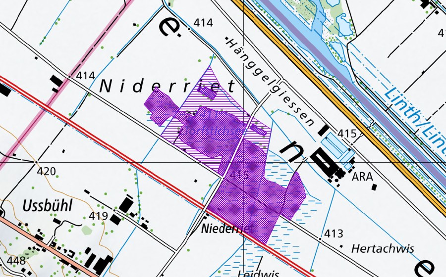 Landeskarte swisstopo mit dem Schutzperimeter von Niederriet (Amphibienlaichgebiet)
