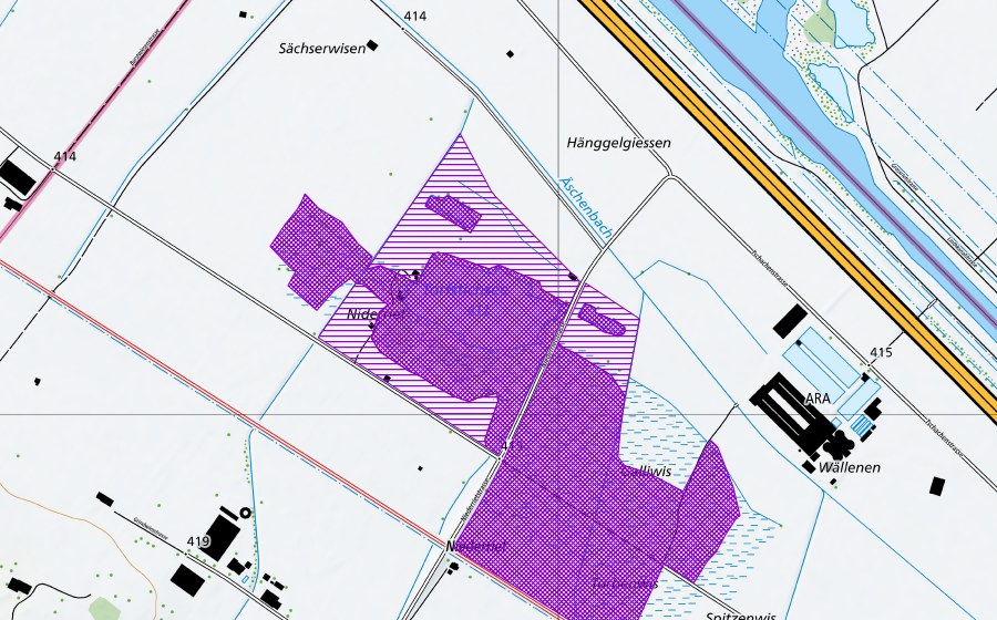 Carte nationale swisstopo avec le périmètre protégé de Niederriet (Site de reproduction de batraciens)