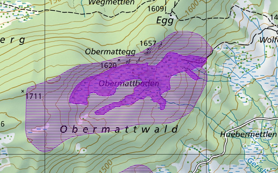 Carte nationale swisstopo avec le périmètre protégé de Obermatteggweiher (Site de reproduction de batraciens)