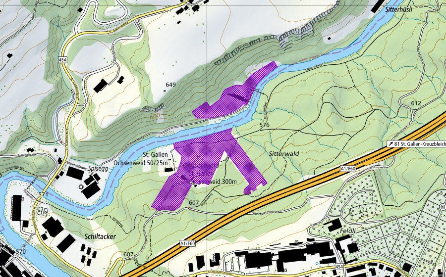 Landeskarte swisstopo mit dem Schutzperimeter von Ochsenweid (Amphibienlaichgebiet)