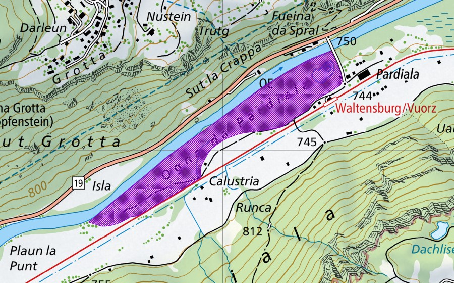 swisstopo national map showing the protected perimeter of Ogna da Pardiala (Amphibian spawning site)