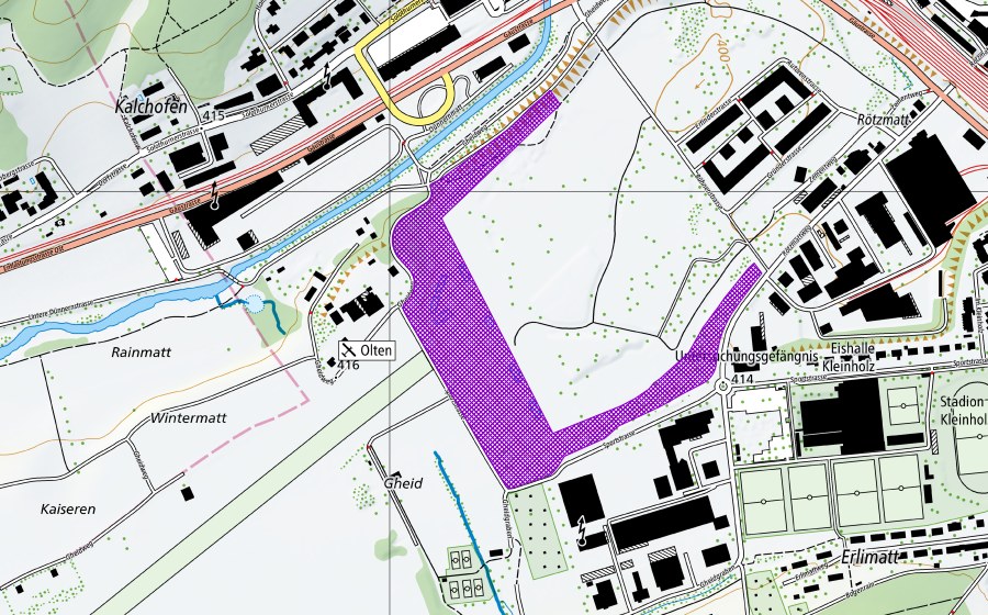 swisstopo national map showing the protected perimeter of Olten Gheid (Amphibian spawning site)