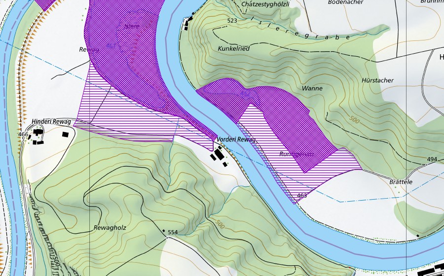 swisstopo national map showing the protected perimeter of Oltigenmatt-Islere-Oberruntigenau (Amphibian spawning site)