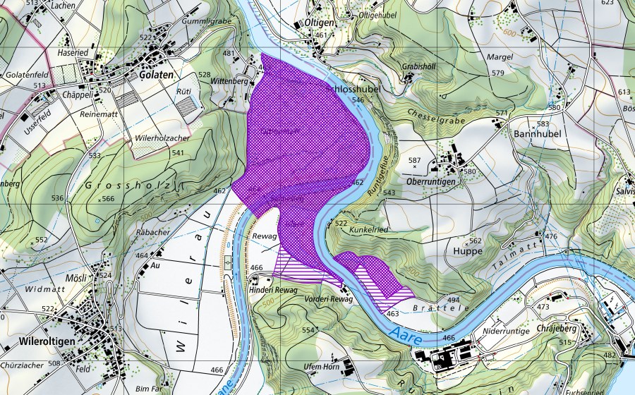 Carta nazionale swisstopo con il perimetro protetto di Oltigenmatt-Islere-Oberruntigenau (Sito di riproduzione di anfibi)