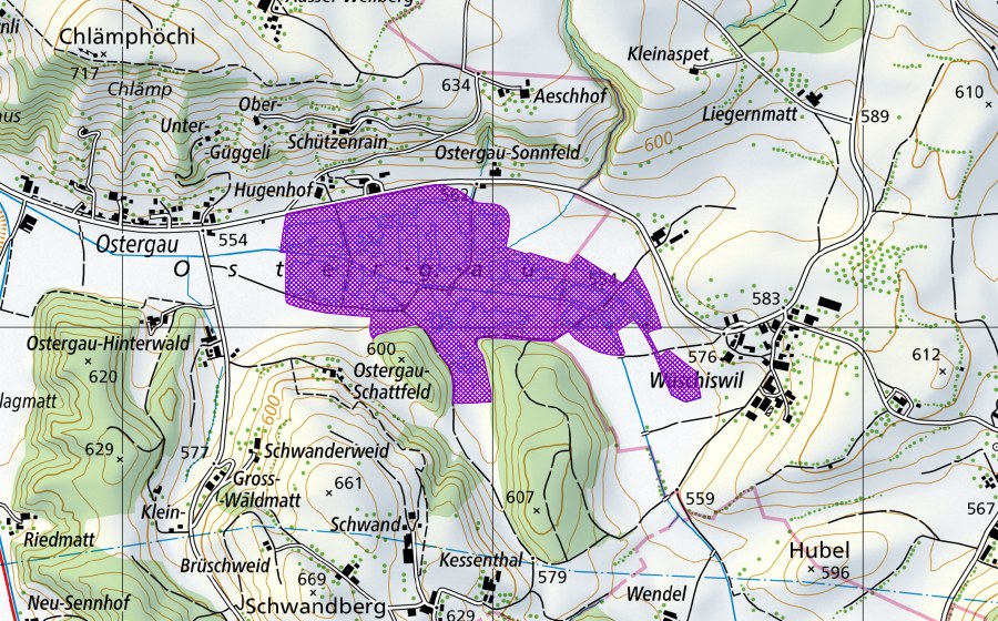 Carte nationale swisstopo avec le périmètre protégé de Ostergau (Site de reproduction de batraciens)