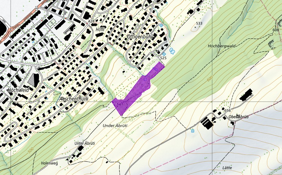 Carte nationale swisstopo avec le périmètre protégé de Ottigenbüel (Site de reproduction de batraciens)