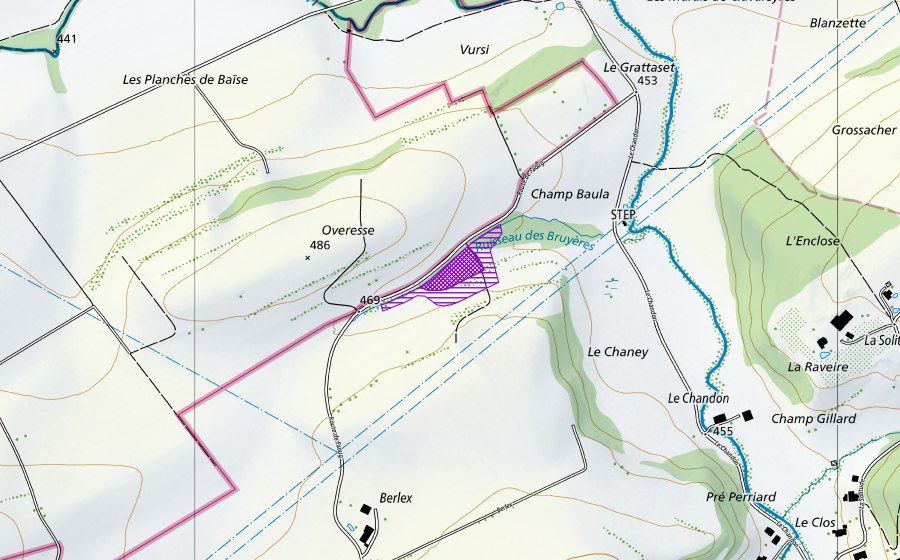 Carte nationale swisstopo avec le périmètre protégé de Overesses (Site de reproduction de batraciens)