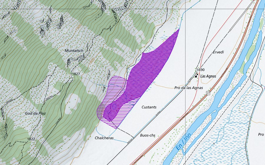 swisstopo national map showing the protected perimeter of Palüds-Agnas (Amphibian spawning site)
