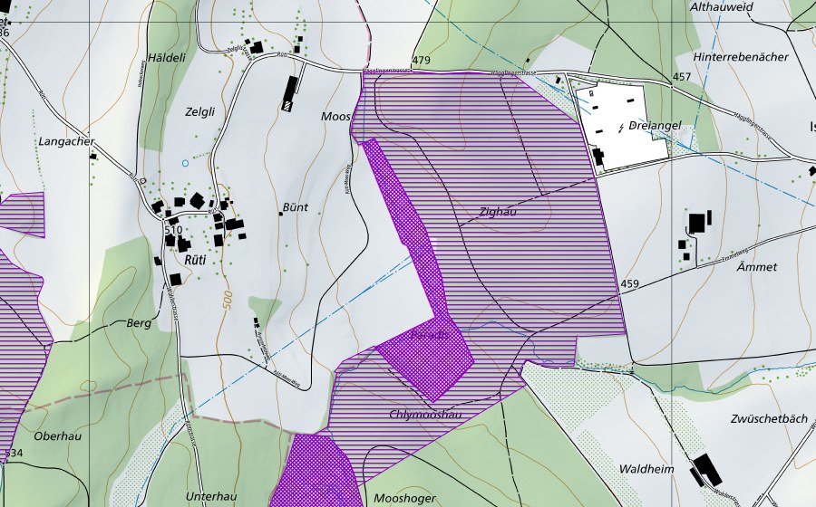 Carte nationale swisstopo avec le périmètre protégé de Paradis (Site de reproduction de batraciens)