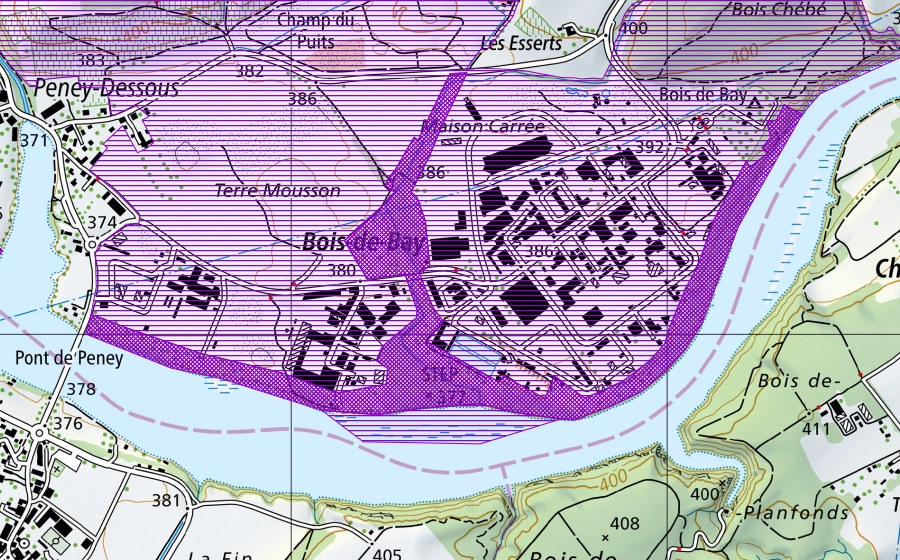 Carte nationale swisstopo avec le périmètre protégé de Peney (Site de reproduction de batraciens)