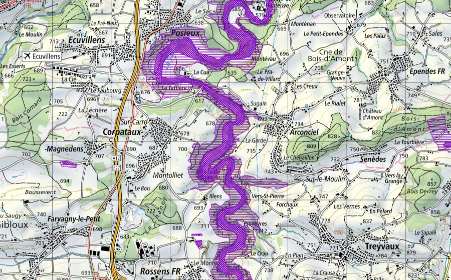 Landeskarte swisstopo mit dem Schutzperimeter von Petite Sarine (Amphibienlaichgebiet)