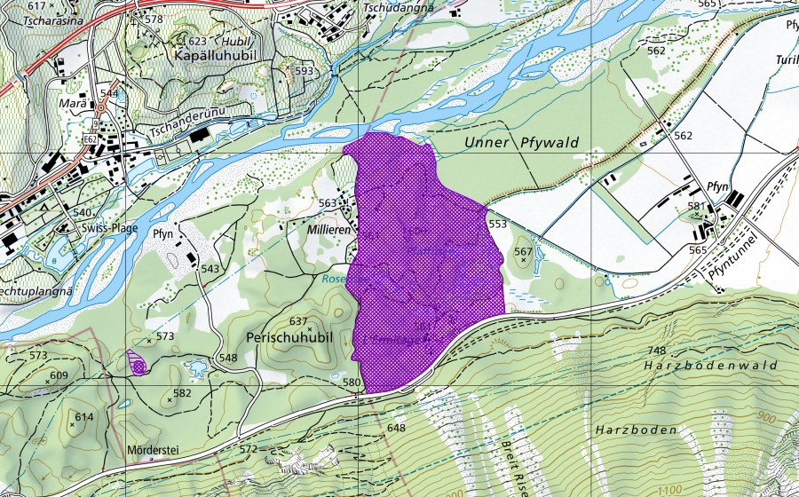Landeskarte swisstopo mit dem Schutzperimeter von Pfyn Ost, Rosensee (Amphibienlaichgebiet)