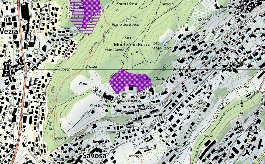 Landeskarte swisstopo mit dem Schutzperimeter von Pian Gallina (Amphibienlaichgebiet)