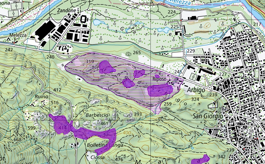 Landeskarte swisstopo mit dem Schutzperimeter von Piano di Arbigo (Amphibienlaichgebiet)