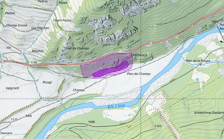swisstopo national map showing the protected perimeter of Plan da Chomps (Amphibian spawning site)