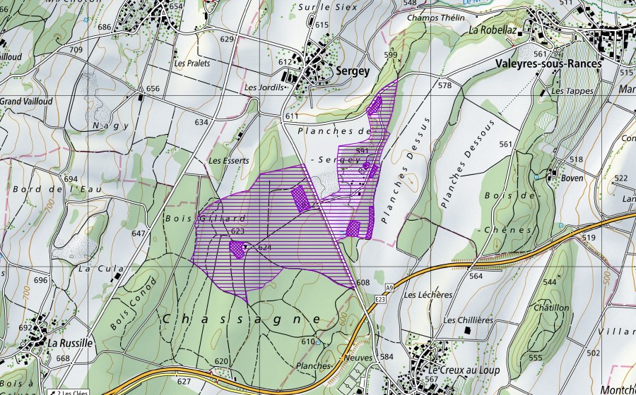 Carte nationale swisstopo avec le périmètre protégé de Planches de Sergey, Chassagne (Site de reproduction de batraciens)