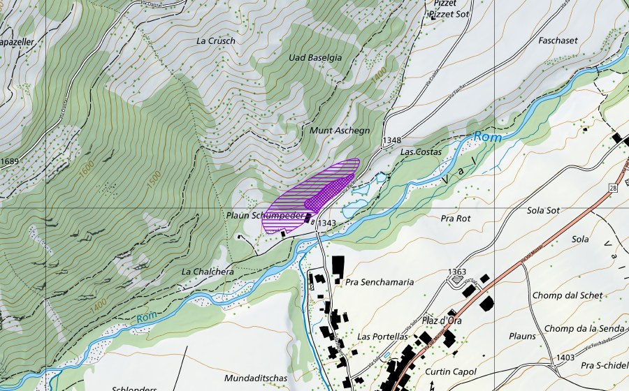 swisstopo national map showing the protected perimeter of Plaun Schumpeder (Amphibian spawning site)