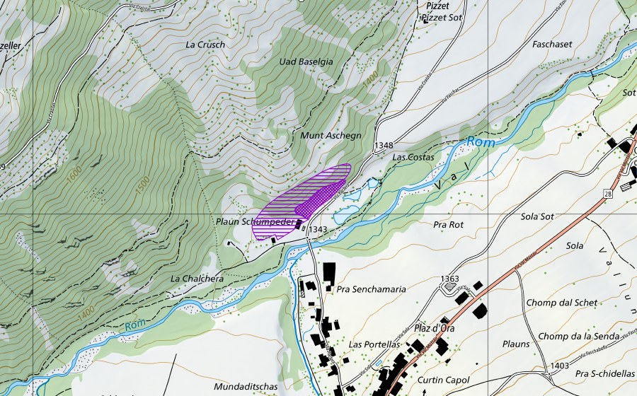 Landeskarte swisstopo mit dem Schutzperimeter von Plaun Schumpeder (Amphibienlaichgebiet)