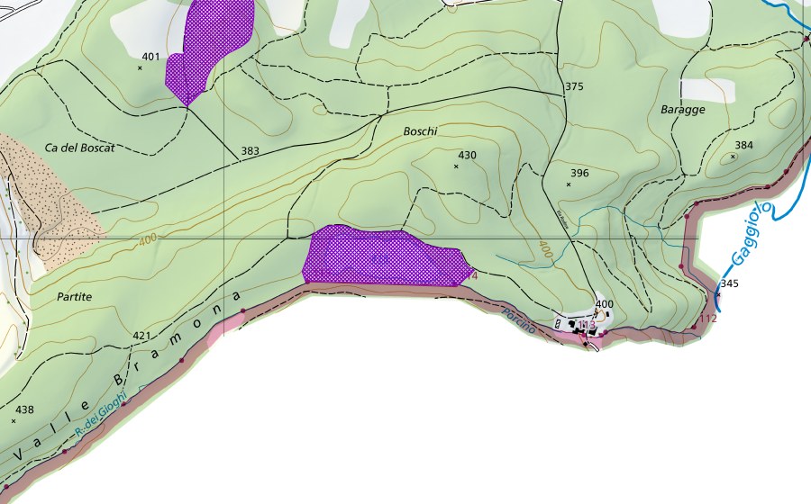Landeskarte swisstopo mit dem Schutzperimeter von Porcino (Amphibienlaichgebiet)