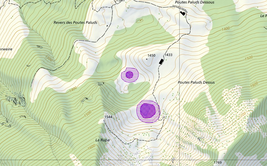 Carte nationale swisstopo avec le périmètre protégé de Poutes Paluds (Site de reproduction de batraciens)