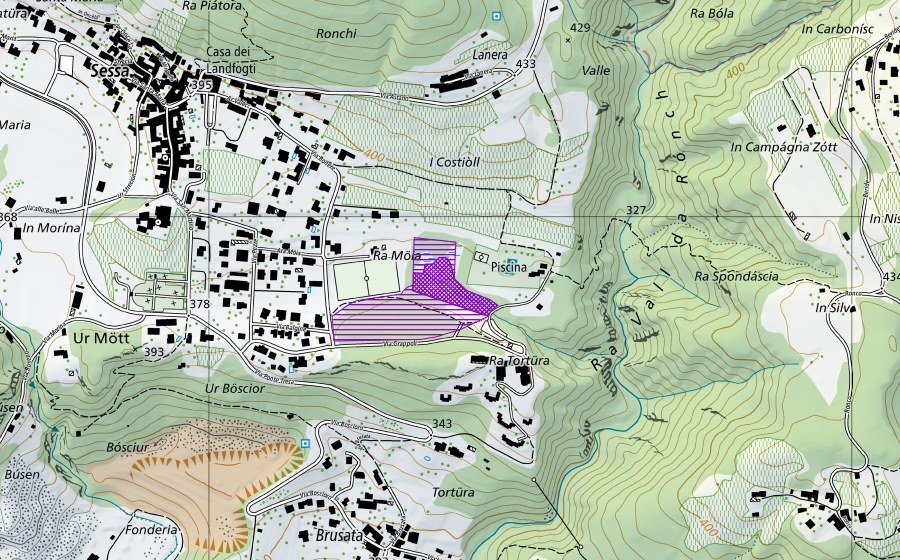 Landeskarte swisstopo mit dem Schutzperimeter von Pozza a est di Motto (Amphibienlaichgebiet)