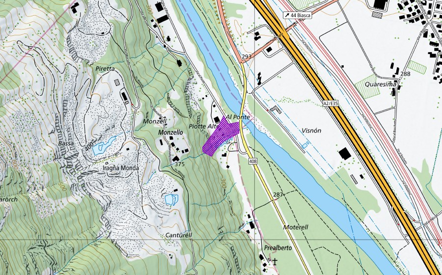 swisstopo national map showing the protected perimeter of Pozza Monzell (Amphibian spawning site)