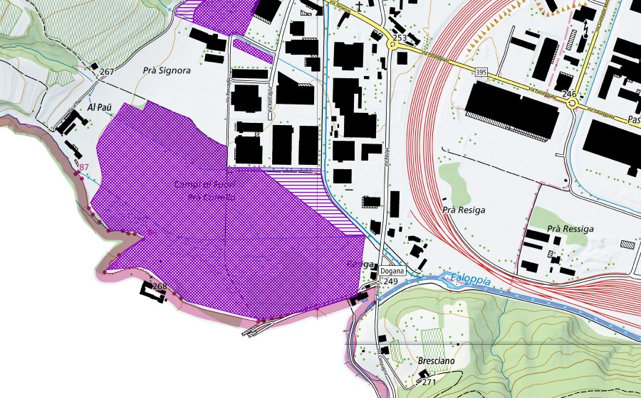 swisstopo national map showing the protected perimeter of Pra Coltello (Amphibian spawning site)