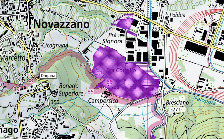 swisstopo national map showing the protected perimeter of Pra Coltello (Amphibian spawning site)