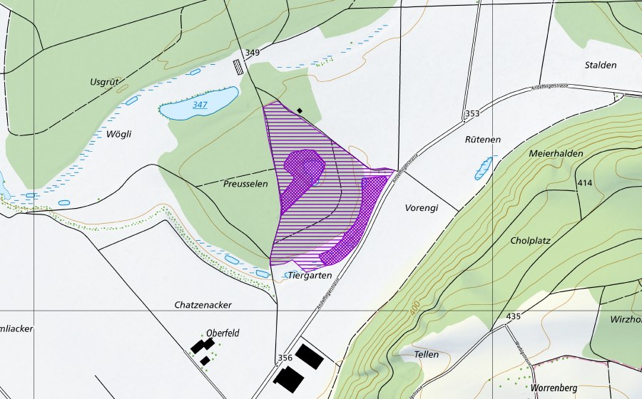 Carte nationale swisstopo avec le périmètre protégé de Präuselen (Site de reproduction de batraciens)