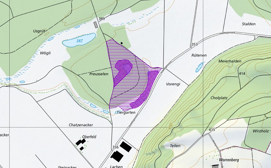 swisstopo national map showing the protected perimeter of Präuselen (Amphibian spawning site)