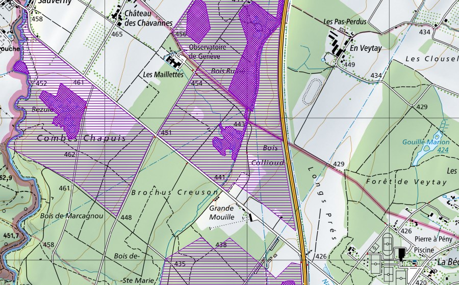 Carte nationale swisstopo avec le périmètre protégé de Pré-Béroux (Site de reproduction de batraciens)