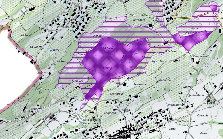 swisstopo national map showing the protected perimeter of Pre Murin (Amphibian spawning site)