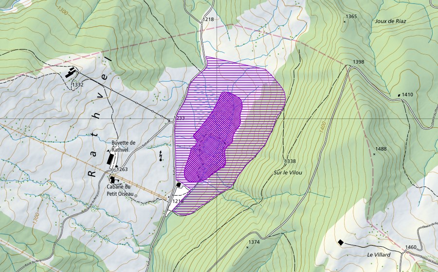 swisstopo national map showing the protected perimeter of Rathvel (Amphibian spawning site)