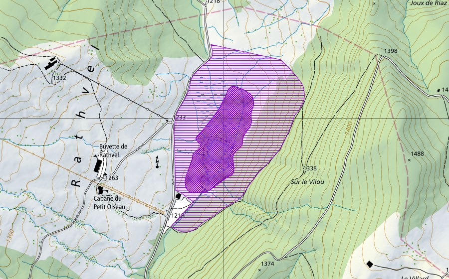 Landeskarte swisstopo mit dem Schutzperimeter von Rathvel (Amphibienlaichgebiet)