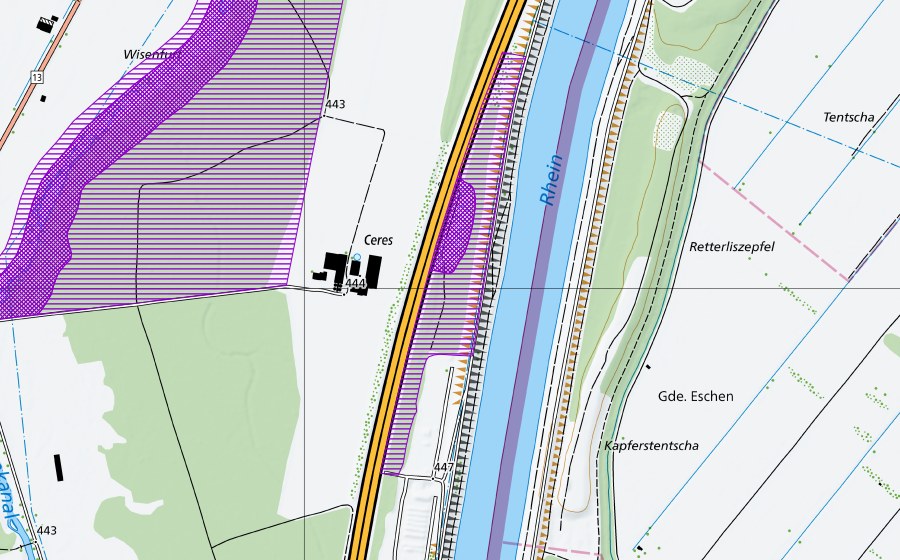 swisstopo national map showing the protected perimeter of Retentionsbecken Ceres Rhein-Au (Amphibian spawning site)