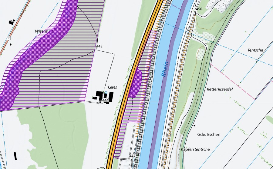 swisstopo national map showing the protected perimeter of Retentionsbecken Ceres Rhein-Au (Amphibian spawning site)