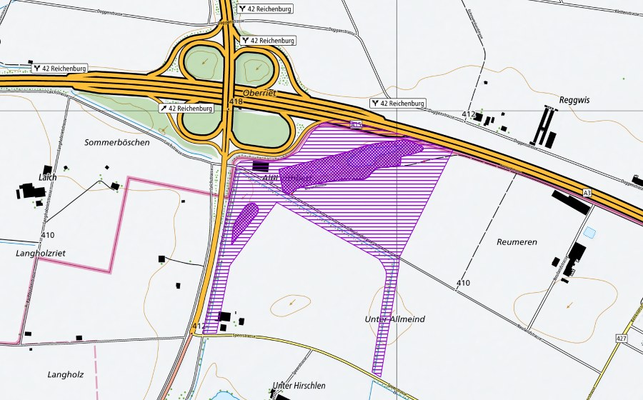 Carte nationale swisstopo avec le périmètre protégé de Reumeren (Site de reproduction de batraciens)