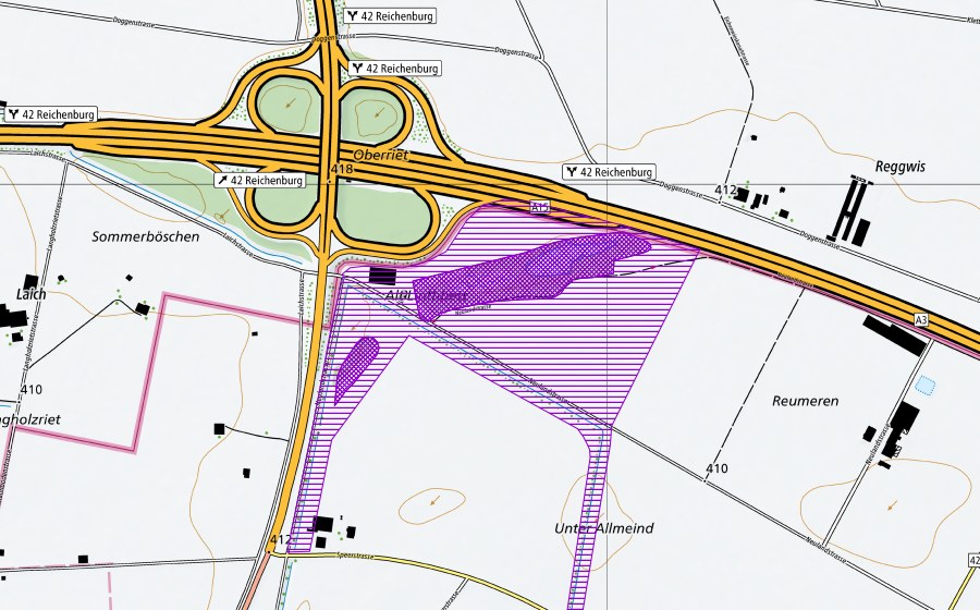 Landeskarte swisstopo mit dem Schutzperimeter von Reumeren (Amphibienlaichgebiet)