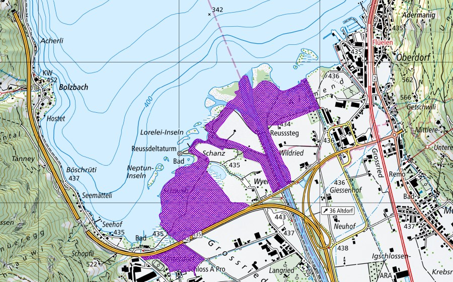 Carte nationale swisstopo avec le périmètre protégé de Reussdelta (Site de reproduction de batraciens)