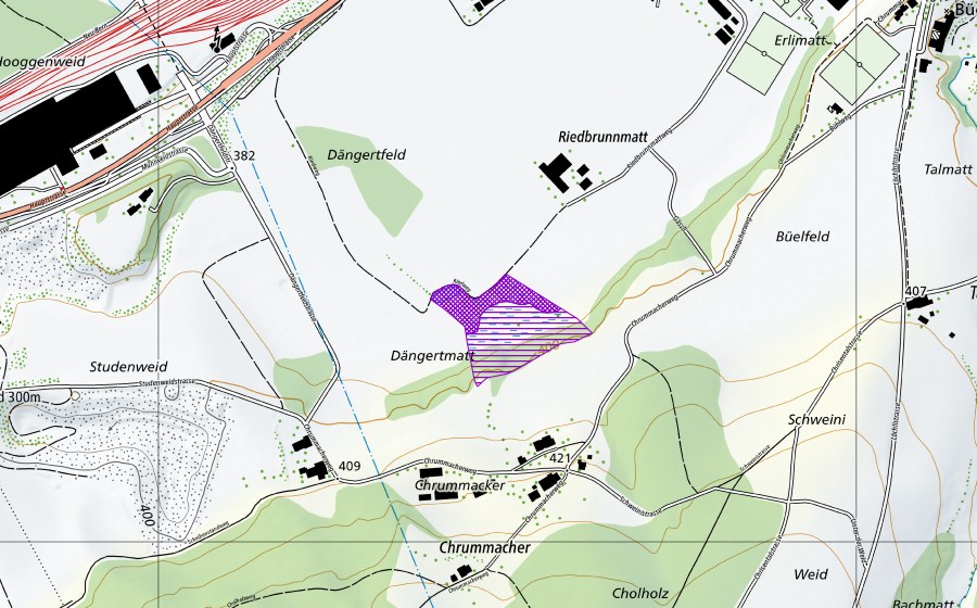 Carte nationale swisstopo avec le périmètre protégé de Riedbrunnmatt (Site de reproduction de batraciens)