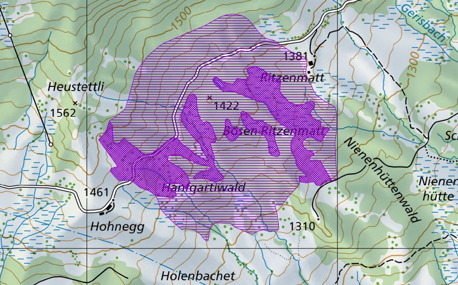 Carte nationale swisstopo avec le périmètre protégé de Ritzenmattseeli (Site de reproduction de batraciens)