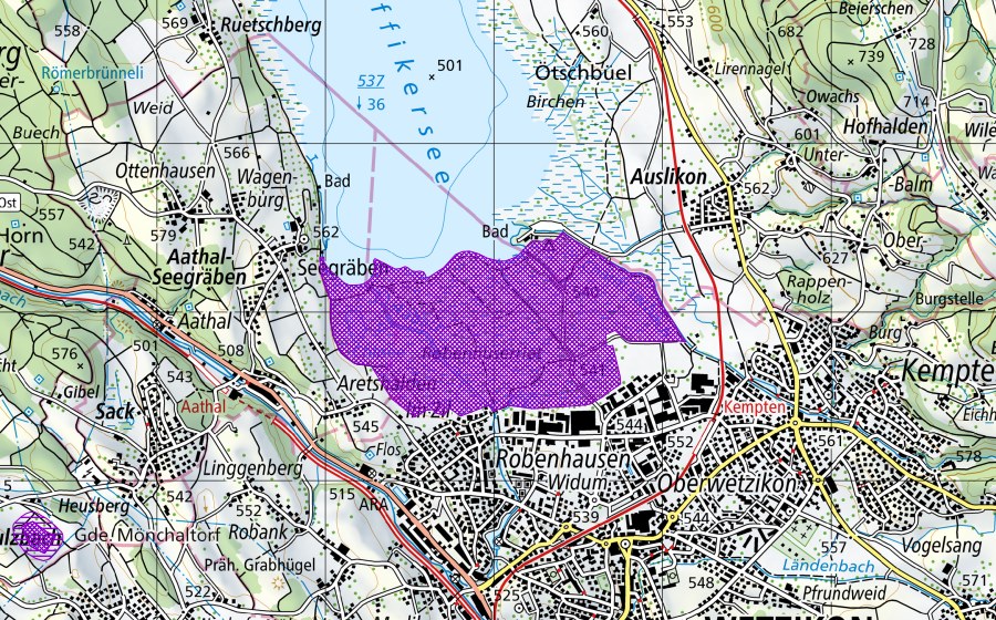 Carte nationale swisstopo avec le périmètre protégé de Robenhauserried (Site de reproduction de batraciens)