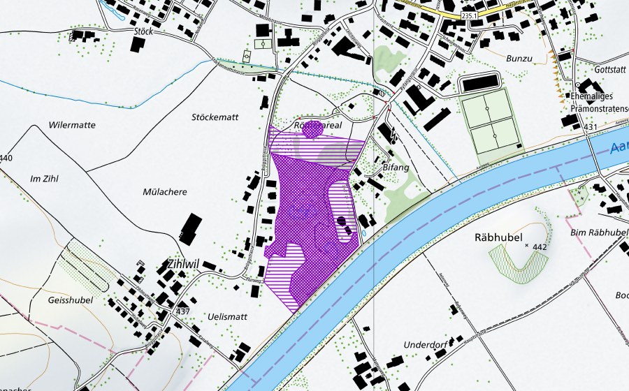 Carte nationale swisstopo avec le périmètre protégé de Römerareal (Site de reproduction de batraciens)